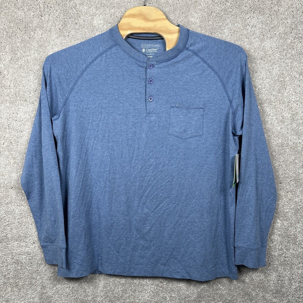 Coolibar‎ Mens Long Sleeve Henley Shirt UPF 50 Sun Protection Blue XL